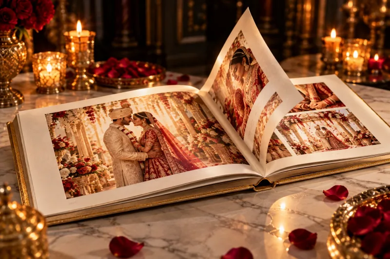 An open wedding album on marble