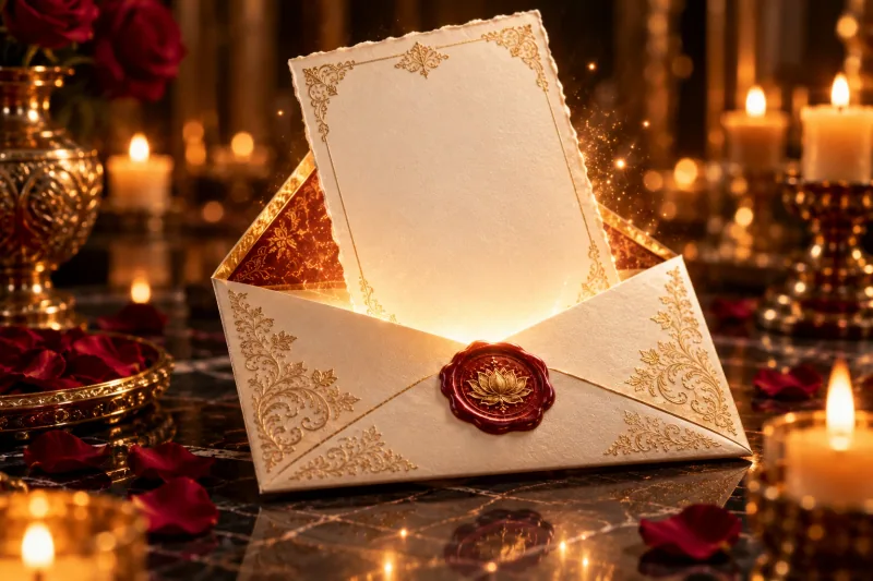 An ivory invitation card rising from a sealed envelope
