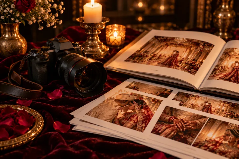 A camera beside printed wedding album proofs